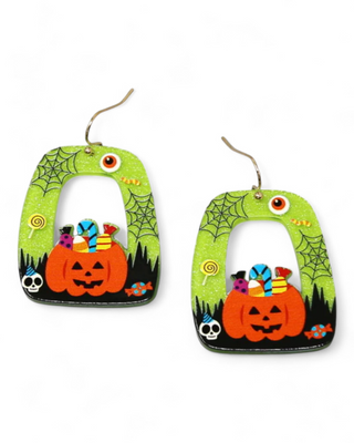 Green Halloween earrings with jack-o-lantern, candy, spider web, and skull design.