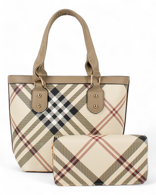 A plaid handbag with matching wallet featuring gold-tone hardware and structured handles.