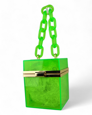 Transparent green acrylic box handbag with chunky chain handle and gold-tone clasp closure