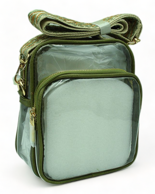 Clear shoulder bag with guitar strap and olive trim.