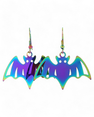 Holographic bat-shaped earrings with an iridescent metallic finish, featuring cut-out details and hook attachments.