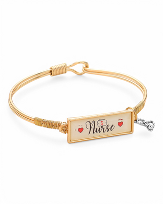 Gold-tone wire bangle bracelet with a rectangular plate featuring "Nurse" script, a nurse hat, and heart details, plus a dangling stethoscope charm.