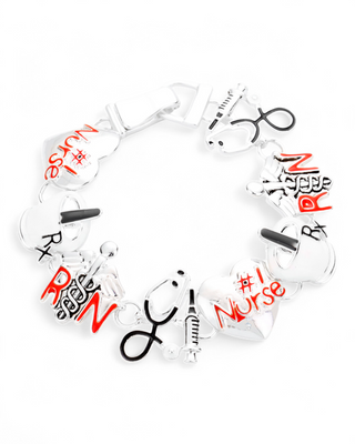 Silver-tone nurse charm bracelet featuring stethoscope, syringe, Rx symbol, and "#1 Nurse" heart charms with red and black enamel accents.