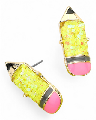 A pair of stud earrings shaped like pencils with a glittery yellow body, pink eraser tip, and gold-tone details, adding a playful and creative touch.