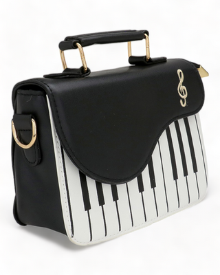 small black and white piano inspired shoulder bag
