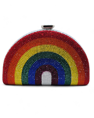 Colorful crossbody clutch with a vibrant rainbow design, featuring a compact size and an adjustable strap, displayed on a clean, white background