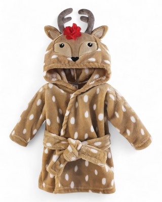 A children's brown plush robe with white spots, a hood featuring antlers, a red bow, and a deer face design, complete with a matching fabric tie belt.