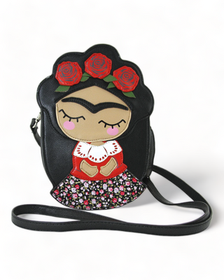 Handbag featuring a girl wearing a headband made of roses and a unibrow