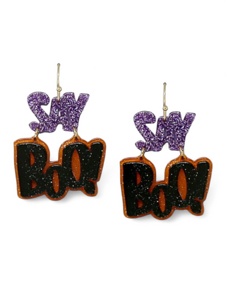 A pair of Halloween-themed earrings, featuring the word "BOO" in sparkly purple and orange letters