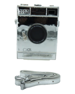 silver camera shaped crossbody pocketbook