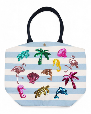 A striped tote bag featuring vibrant sequin designs of palm trees, flamingos, dolphins, and seashells, with sturdy handles for a beach-ready look.