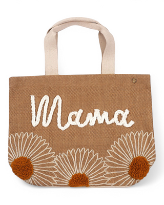 A tote bag with "Mama" embroidered in script and daisy accents, combining rustic charm with a functional design for everyday use.