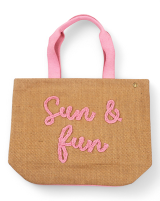 A woven tote bag with "Sun & Fun" embroidered in a playful script, featuring matching handles for a bright and summery look.