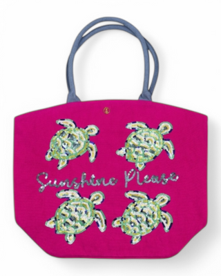 A vibrant tote bag with sequin-embroidered sea turtles and "Sunshine Please" text, featuring sturdy handles and a roomy design.