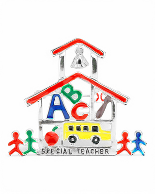  A silver-tone brooch shaped like a schoolhouse with colorful enamel details, including "ABC" letters, a yellow school bus, an apple, and small figurines of children. The words "Special Teacher" are engraved at the bottom. 