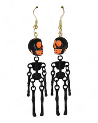  Dramatic skeleton earrings with orange skulls and detailed black skeletal bodies.