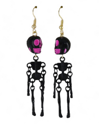  Dramatic skeleton earrings with pink skulls and detailed black skeletal bodies.