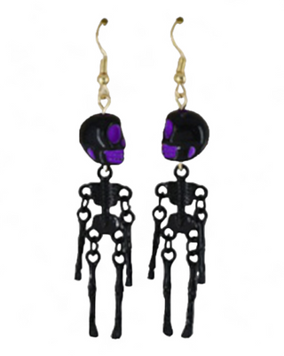  Dramatic skeleton earrings with purple skulls and detailed black skeletal bodies.