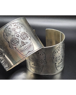 Wide Silver Etched Calavera Skull Cuff Bracelet