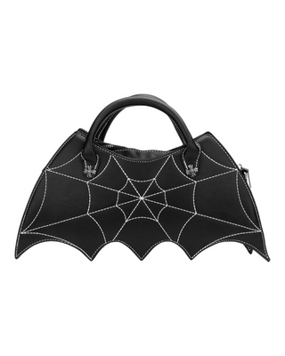 Black bat shaped shoulder bag with spiderweb design.