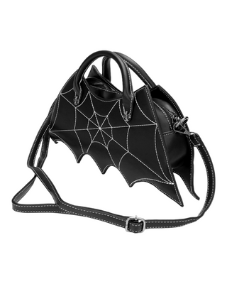 Black bat shaped shoulder bag with spiderweb design.