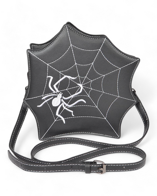 Spiderweb-shaped crossbody bag with an embroidered white spider and web design, featuring a matching adjustable strap.