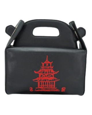 A black Chinese takeout box bag with a red pagoda print, playful handle details, and a detachable shoulder strap.