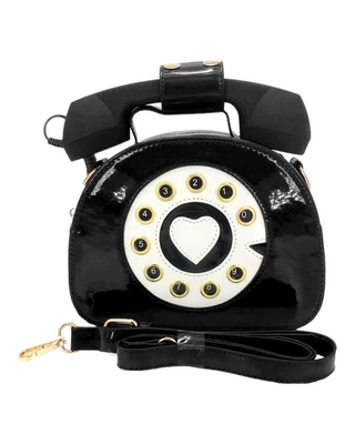 Black vinyl telephone shaped handbag/crossbody bag