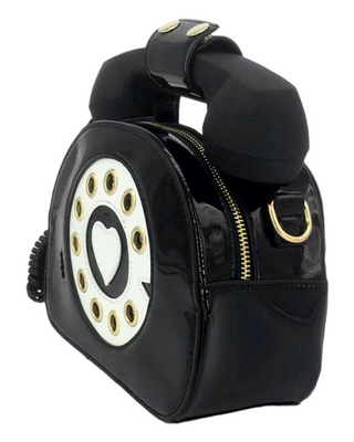 Black vinyl telephone shaped handbag/crossbody bag, side view