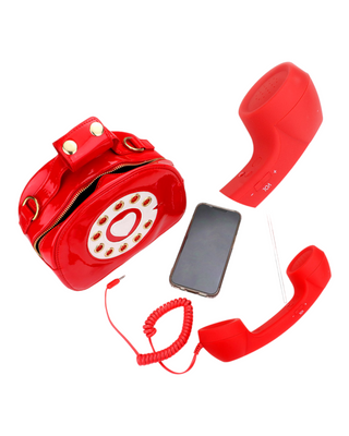 Red vinyl telephone shaped handbag/crossbody bag expanded, showing cell phone