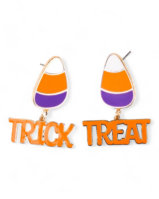 Candy corn earrings with "TRICK" and "TREAT" dangles in orange.