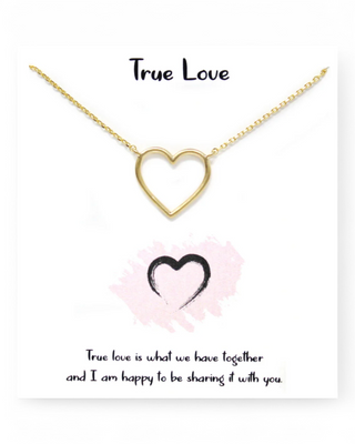 Open heart necklace on a delicate chain, displayed on a "True Love" message card with a soft pink and black heart design.