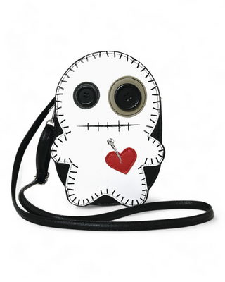 Voodoo doll-inspired crossbody bag with button eyes and a stitched heart detail.