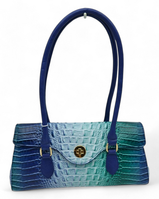 A textured handbag with an embossed pattern and gold-tone twist-lock closure. It features double shoulder straps and a structured design,