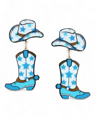 Blue western-themed earrings featuring cowboy boots and hats