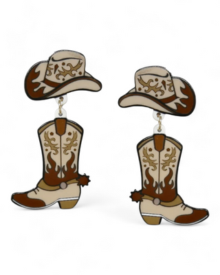 Brown western-themed earrings featuring cowboy boots and hats