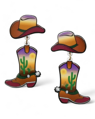 Sunset western-themed earrings featuring cowboy boots and hats