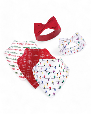 A holiday-themed set including three cotton/spandex snap-closure bibs with Christmas lights, gift box, and "Merry Christmas" designs, paired with a red bow headband and a light-print headband.