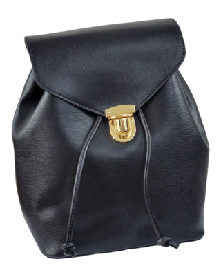 Faux leather black backpack, with a drawstring closure.