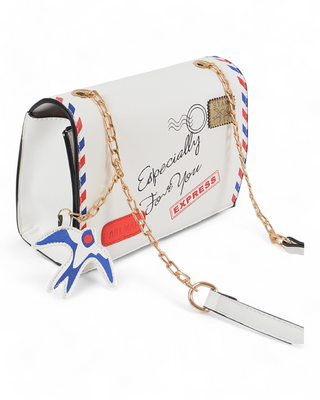 A white crossbody bag designed to resemble an air mail envelope, featuring red and blue accents, "Especially For You" lettering, gold chain details, and a decorative swallow keychain.