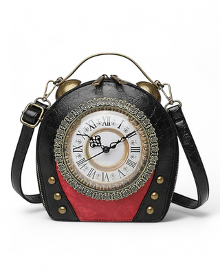 A steampunk-style crossbody bag shaped like a vintage clock, featuring Roman numerals, brass-tone details, and a black and red color scheme. The bag has a top handle, adjustable strap, and a spacious interior.