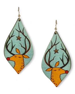 Teardrop-shaped earrings with a peaceful reindeer design, showcasing playful antlers and a small star.