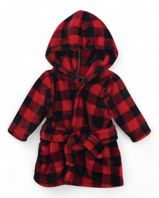 A baby’s red and black buffalo plaid plush robe in size 0-9 months, made of soft polyester.