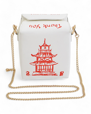  A white takeout box-shaped handbag with red pagoda artwork and “Thank You” text, featuring a gold chain strap.