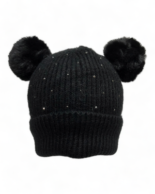 Black dual pom knit hat with rhinestones