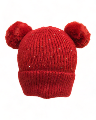 Red dual pom knit hat with rhinestones