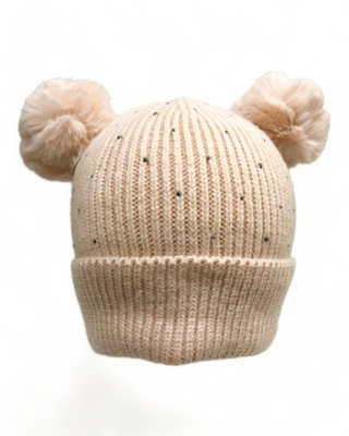 Pink dual pom knit hat with rhinestones