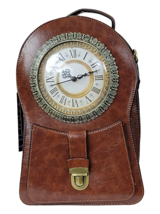 Brown backpack with a working clock face.  Clock handbag.