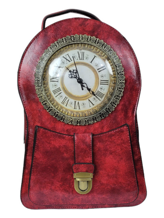 Red backpack with a working clock face. Clock handbag.