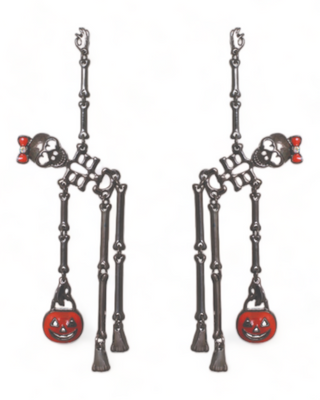 Black  skeleton dangling earring, holding a jack o lantern.